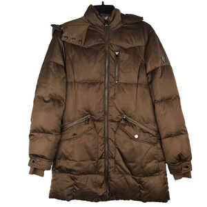 1 Madison Parka Down Puffer Cognac Brown Hooded Pockets Medium FLAW